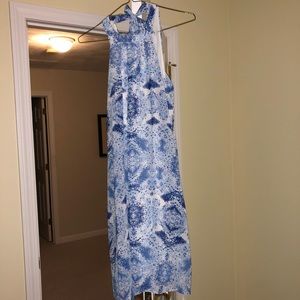 Blue print high neck tie swing dress